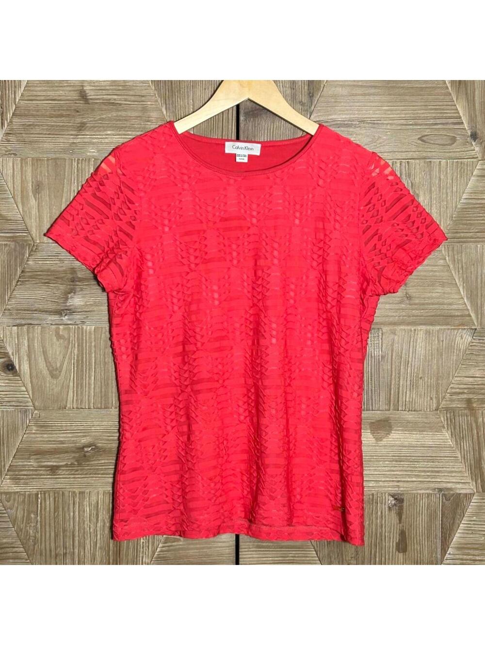 Calvin Klein Coral Red Textured Short Sleeve Top Jersey Knit Size S Casual